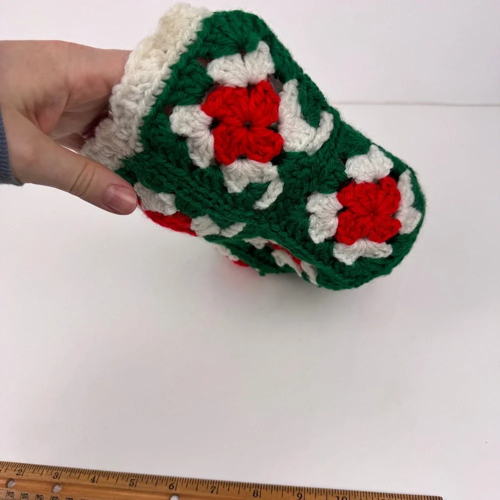 Vtg Small‎ Granny Square Red Green White Yarn Christmas Holiday Stocking Decor